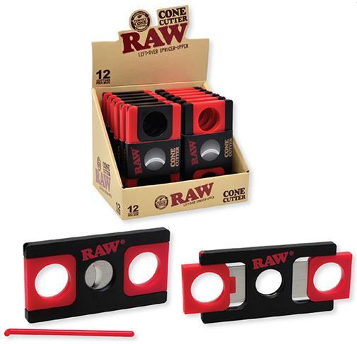 RAW Cone Cutter 12 Per Display, set of 12 red and black cone cutters with center metal hole and red cleaning stick for rolling cones.