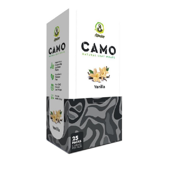 CAMO Natural Leaf Wraps Vanilla 25/5, product packaging of vanilla flavored natural leaf wraps in a white and black box design.