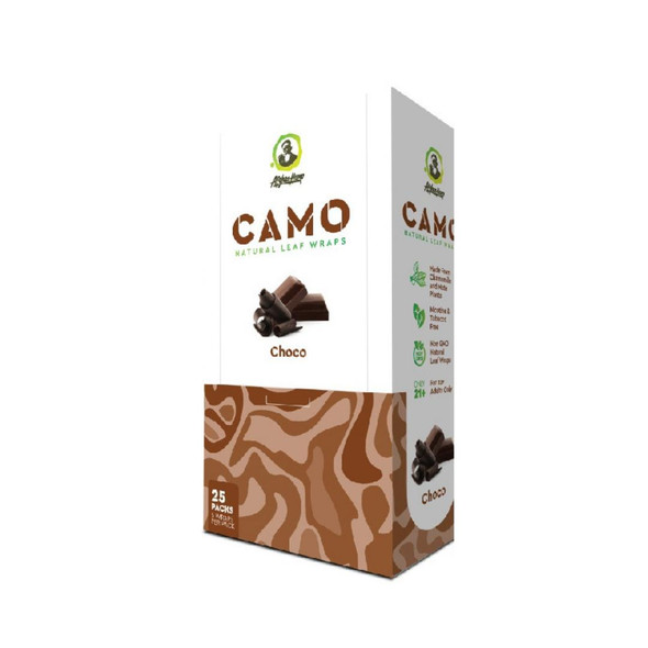 CAMO Natural Leaf Wraps Chocolate 25/5, box of natural chocolate leaf wraps with chocolate chunks on the front, featuring a white and brown design.
