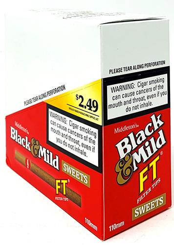 John Middleton Black & Mild Filter Tip Sweet Cigars, retail box packaging showing product details and warning labels.