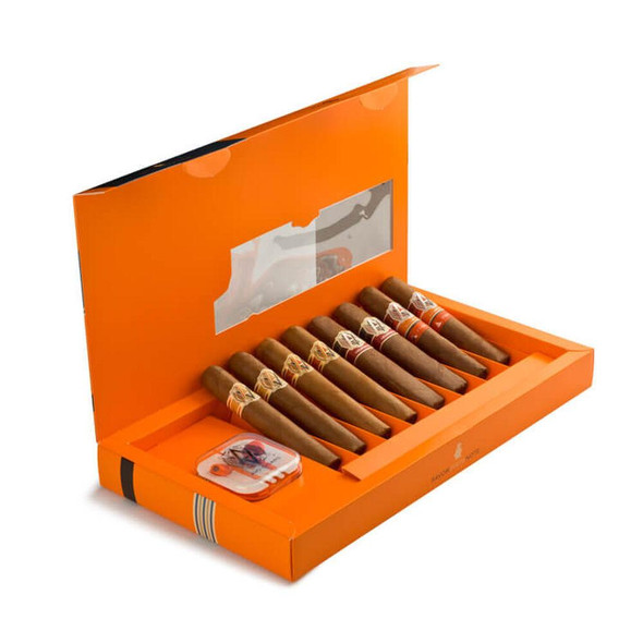AVO Avo Cigar Sampler Robusto Assortment 8 Ct. Box, featuring a bright orange box with eight cigars neatly arranged inside and labeled with colorful bands.