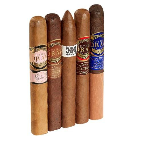 Southern Draw Cigar Sampler 5 Cigars, an assortment of five cigars in varying shades from light to dark with branded bands showcasing different flavors and styles.