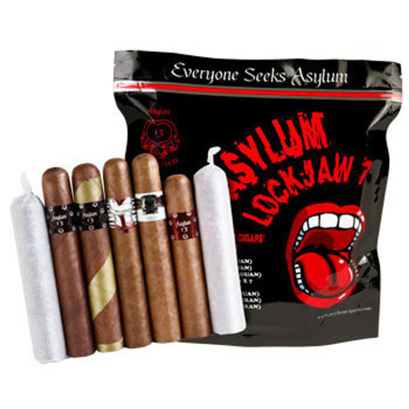 Asylum LockJaw Cigar Sampler 7Ct, black snack bag with red and white graphics and text, featuring illustrations of cigars and an open mouth with a tongue, and seven cigars with various band designs placed in front.