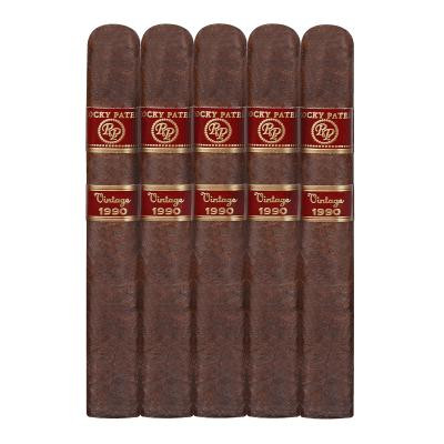 Rocky Patel Vintage 1990 Robusto 5 Ct. Cigar Sampler, image of five cigars with red and gold bands displaying the Rocky Patel logo and vintage 1990 label.