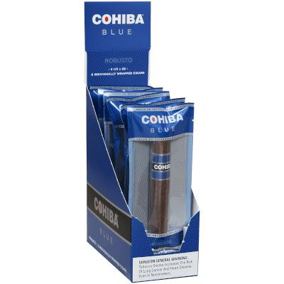 Cohiba Blue Cigars Freshness Pack Robusto 6 Count Box, a display of individually wrapped cigars in blue packaging inside a blue and black box.