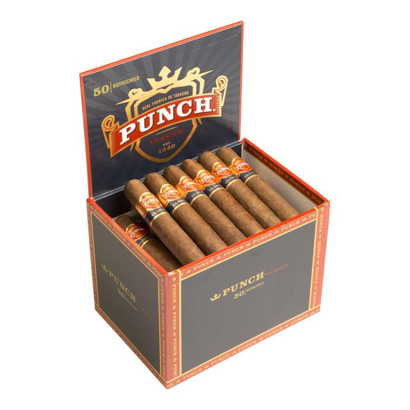 Punch Clasico Rothschild Cigars 50Ct. Box, open black and red box with 50 cigars inside, featuring branded bands.
