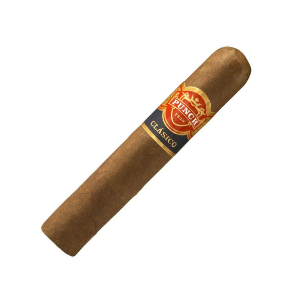 Punch Clasico Rothschild Cigars 50Ct. Box, single cigar showing brown wrapper with a red and gold band labeled Punch Clasico.