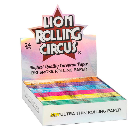Lion Rolling Circus Ultra Thin Rolling Papers King Size, colorful box of 24 packs of European high quality big smoke rolling papers with vibrant packaging.