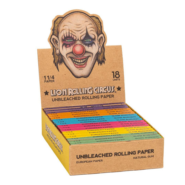 Lion Rolling Circus Unbleached 1 1/4" Rolling Papers, a colorful display of unbleached rolling papers with clown-themed packaging and 18 units in a box.