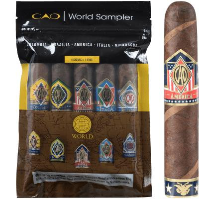 CAO World Cigars Sampler II 5 Ct., assortment of five cigars in colorful packaging alongside a single unwrapped cigar with CAO logo band.