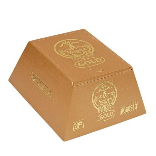 5 Vegas Gold Robusto Cigars 20Ct. Box, gold-colored packaging with 5 Vegas logo and product details.