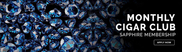 Sapphire Level Cigar Club, image of sparkling blue gemstones and diamonds with promotional text for monthly cigar club Sapphire membership and apply now button.