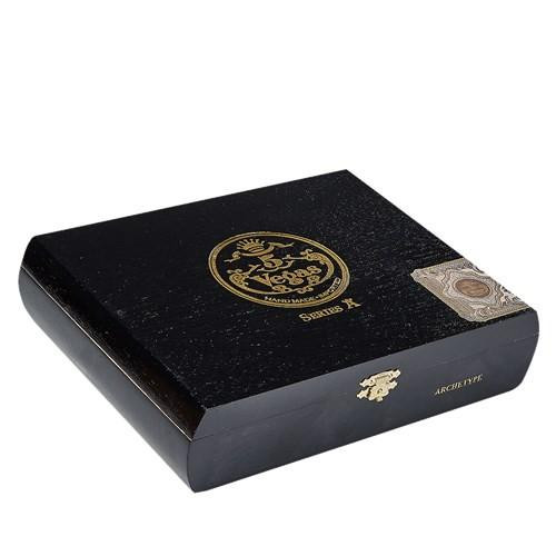 5 Vegas Series 'A' Archetype Cigars 20ct. Box, black rectangular cigar box with gold and silver accents and a decorative seal.