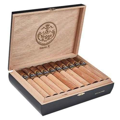 5 Vegas Series 'A' Apocalypse Cigars 20 Ct. Box, open wooden cigar box displaying neatly arranged cigars with dark bands and gold accents.