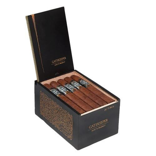Alec Bradley Alec & Bradley Gatekeeper Toro Cigars 20 Count Box, black packaging with gold accents, containing 20 premium cigars with silver and black bands.