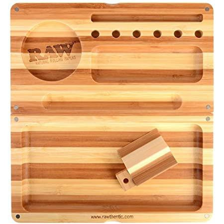 RAW Raw Backflip Bamboo Rolling Tray, eco-friendly bamboo rolling tray with multiple compartments and accessories for cannabis rolling.