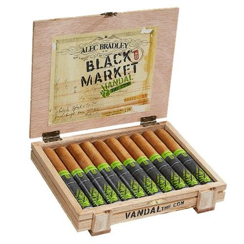 Alec Bradley Black Market Vandal 'The Con' Toro Cigars 10Ct. Box, open wooden box displaying ten cigars with green and black band designs inside a rustic wooden case with a label inside the lid.