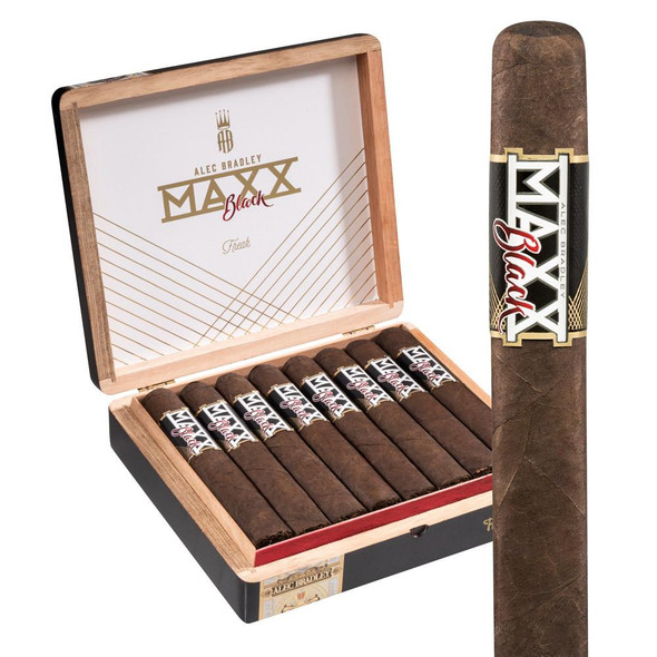 Alec Bradley Maxx Black Freak Cigars 15Ct. Box, featuring a wooden box containing 15 dark brown cigars with black and gold labels, shown with one cigar outside the box for display.