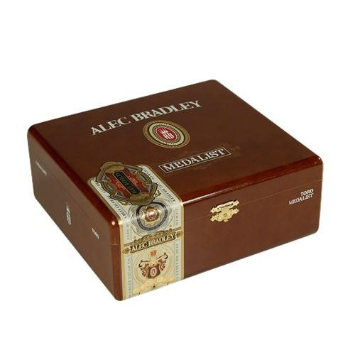 Alec Bradley Medalist Toro Cigars 24Ct. Box, wooden box with gold and black branding and decorative elements for premium cigar packaging.