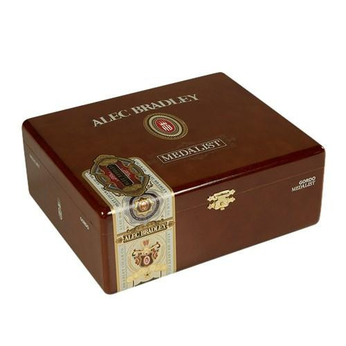 Alec Bradley Medalist Gordo Cigars 24Ct. Box, wooden cigar box with gold accents and branding, containing premium cigars for cigar enthusiasts.