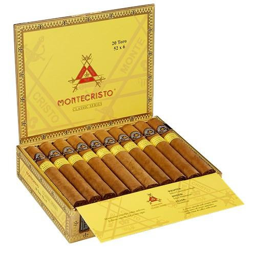 Montecristo Classic Series Cigars Toro 20Ct. Box, open yellow box displaying 20 cigars with yellow bands inside.