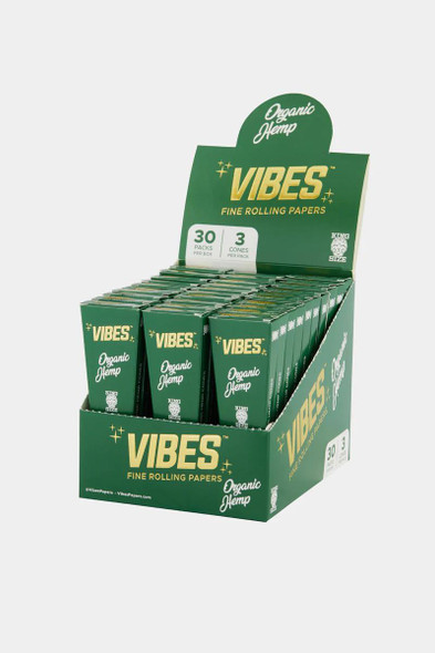 Vibes Rolling Paper Vibes Organic Hemp Cones King Size Slim 30/3Ct, display of multiple packs of organic hemp cones in a green retail display box.