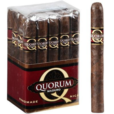 Quorum Maduro Corona Cigars 20 Ct. Bundle, image showing a box of 20 handmade Maduro Corona cigars with one cigar outside the box for display.