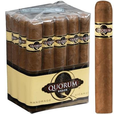 Quorum Shade Double Gordo Cigars 20 Ct. Bundle, a pack of 20 handmade cigars with brown wrappers, displayed in a clear plastic bag with a beige and black label.