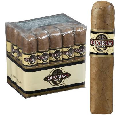 Quorum Shade Short Robusto Cigars 20 Ct. Bundle, image of a box of 20 cigars with one cigar displayed upright beside the box.