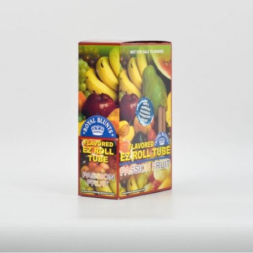 Royal Blunts EZ Roll Wraps Tubes Passion Fruit 25Ct, a colorful box featuring a passion fruit and other fruits on the packaging for flavored smoking wraps.