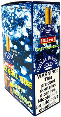 Royal Blunts EZ Roll Wraps Tubes Wet Mango 25Ct, box of rolling wrap tubes with blue and yellow design and warning label about nicotine content.