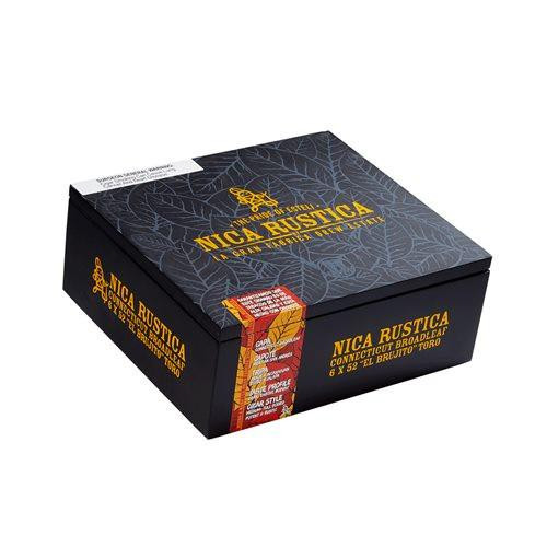 Drew Estate Nica Rustica Broadleaf El Brujito Cigars 25 Ct Box, black packaging with gold and red accents, featuring leaf pattern design.