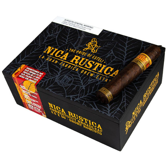 Nica Rustica Broadleaf Short Robusto Cigars 25 Ct Box, a box containing 25 cigars with a single cigar placed on top, featuring dark wrapper and distinctive yellow and red branding.
