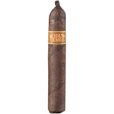 Drew Estate Nica Rustica Short Robusto Cigars 25 Ct Bundle, close-up of a single cigar with a rustic brown wrapper and a yellow and red band.