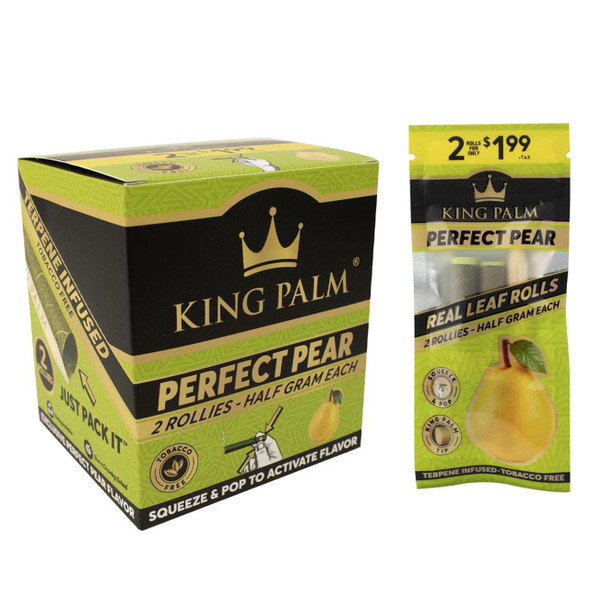 King Palm Wraps King Palm Perfect Pear Wraps Rollie Rolls 20Pk Display, packaging featuring a box and a pouch of peach-flavored rolling wraps with promotional text and images of a peach.