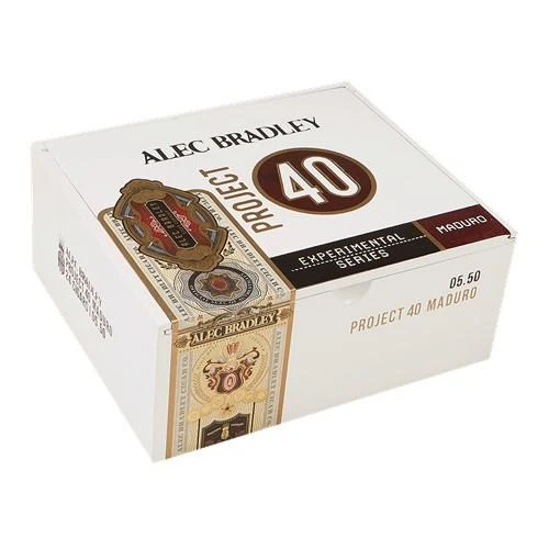 Alec Bradley Project 40 Maduro Cigars Robusto 24Ct. Box, white rectangular cigar box with brand and product details, featuring the number 40 and Maduro label.