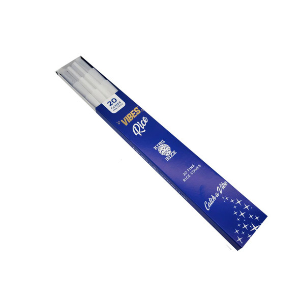Vibes Rice King Size Cones 20Pk, box of 20 rice cones with white filters in blue packaging.