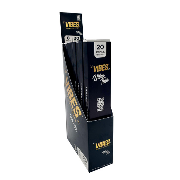 Vibes Rolling Paper Vibes Ultra Thin 1 1/4 cones 40PK, display box containing packs of ultra-thin rolling cones for rolling cigarettes or similar products.