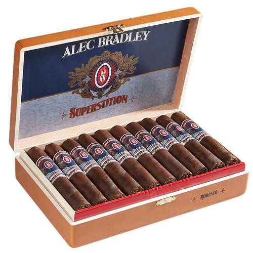 Alec Bradley Superstition Robusto Cigars 20Ct. Box, open wooden box with 20 cigars inside, featuring branded bands and a blue and gold interior design.