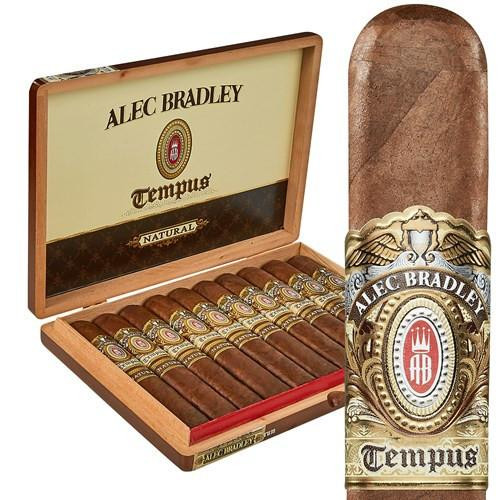 Alec Bradley Tempus Quadrum Cigars 10Ct. Box, open wooden box displaying ten cigars with detailed bands featuring the Alec Bradley logo and design.