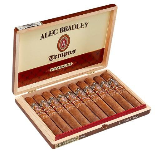 Alec Bradley Tempus Nicaragua Quadrum Cigars 10Count Box, open wooden cigar box filled with 10 cigars with colorful bands inside.