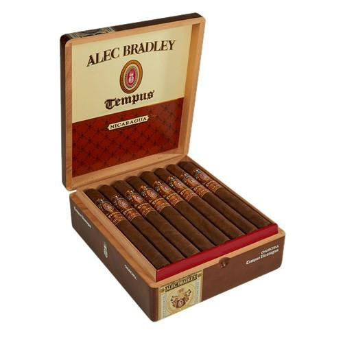Alec Bradley Tempus Nicaragua Centuria Cigars 24Ct. Box, open wooden cigar box displaying 24 cigars with detailed labels, inside lid showcasing brand logo and product name, handcrafted premium cigars.