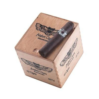 Asylum Cigars Asylum Mini Corona Cigars 25Ct. Box, wooden box with cigar resting on top, featuring branded logo and design.