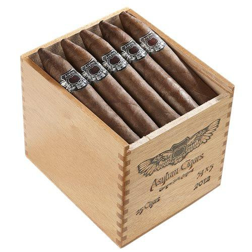 Asylum Torpedo Cigars 25Ct. Box, a wooden box containing five cigars with dark brown wrappers and branded silver and black labels.