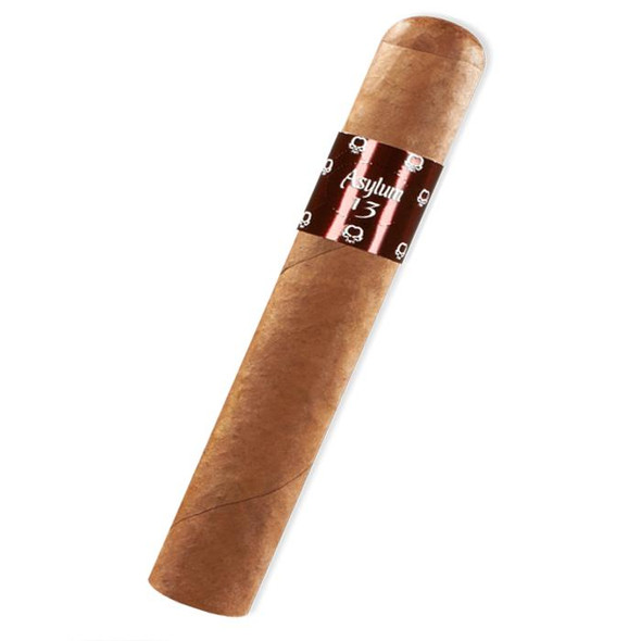 Asylum 13 Authentic Corojo Gordo Cigars 30Ct. Box, a single cigar with a brown wrapper and a red band with white and black details.