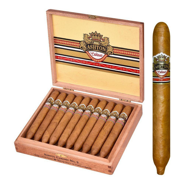 Ashton Cigars Ashton Cabinet Selection #3 Perfecto Cigars 20 Count Box, wooden cigar box with open lid revealing 20 cigars with branded bands.