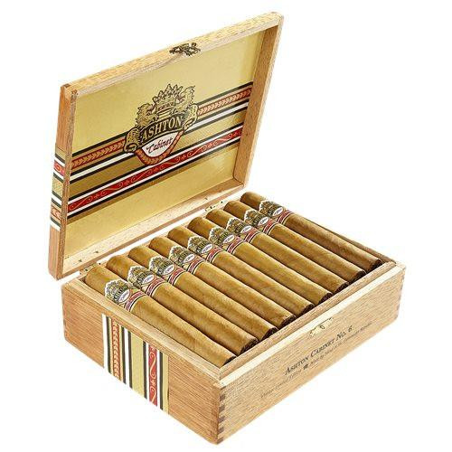 Ashton Cigars Ashton Cabinet Selection #6 Robusto Cigars 25Ct. Box, a wooden cigar humidor with 25 cigars neatly arranged inside, featuring a decorative and branded interior lid.