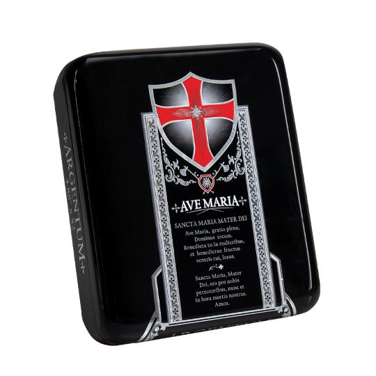 AJ Fernandez Ave Maria Argentum Double Robusto Cigars 10Ct. Box, black metal cigar case with a decorative shield and Latin inscription.