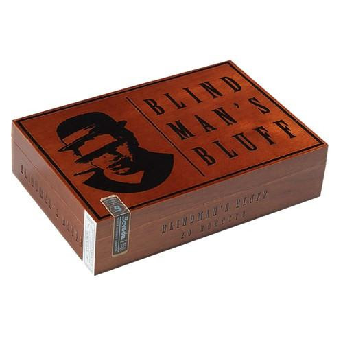 Caldwell Blind Man's Bluff Robusto Cigars 20Ct. Box, wooden cigar box featuring a stylized image of a man's face wearing sunglasses and a hat with bold black lettering.
