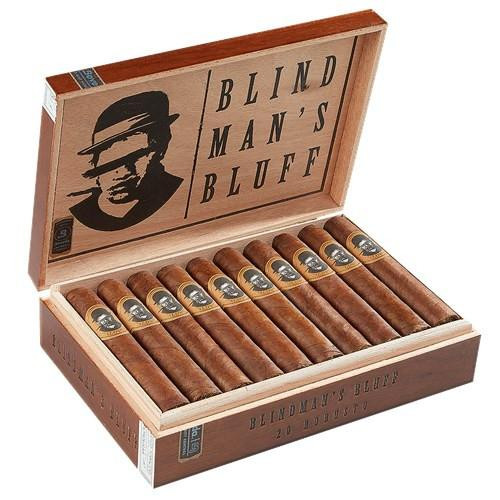 Caldwell Blind Man's Bluff Robusto Cigars 20Ct. Box, open wooden cigar box with 20 cigars arranged inside and the brand name on the lid.